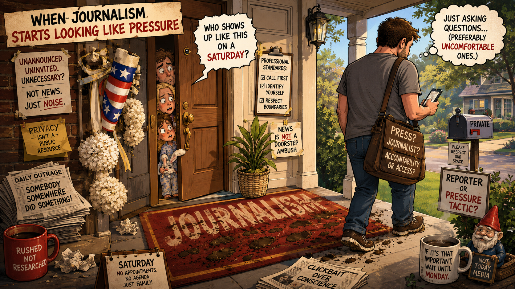 Political cartoon examining how an unannounced weekend doorstep visit can appear more like pressure than professional journalism.